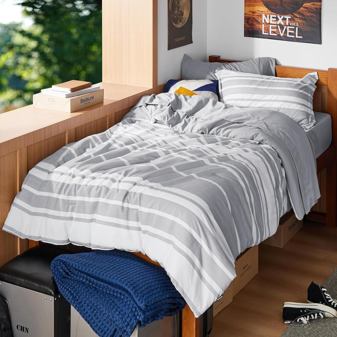 Bedsure Twin XL Comforter Set 5 Pieces, Grey Striped Bedding Set for Twin XL Size Bed Reversible, Cationic Dyeing Bed in a Bag with Comforter, Sheets, Pillowcase & Sham (01 - Grey)