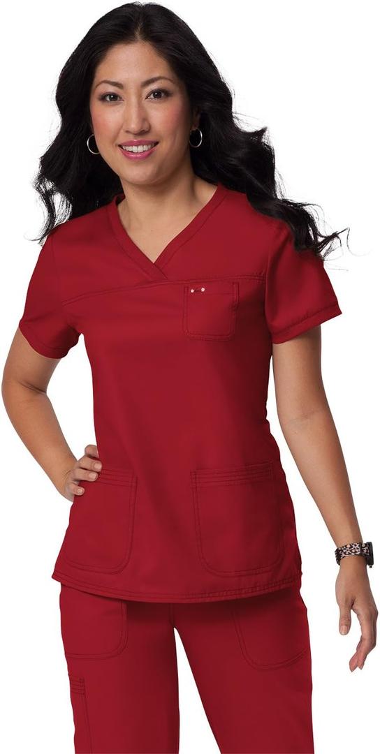 Koi Women's Nicole Super Comfy Pullover Style Scrub Top with Rib Trim, Ruby, Small (Red, S)