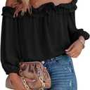 Womens Casual Off Shoulder Tops Long Sleeve Ruffle Flowy Chiffon Blouses Shirts (Medium, Black)