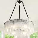 6-Light Drum Crystal Chandeliers, 20" Modern Black Crystal Chandeliers for Dining Room, Double-Layer Luxury Water Ripple Glass Chandelier, Round Pendant Light for Living Room Bedroom Entryway