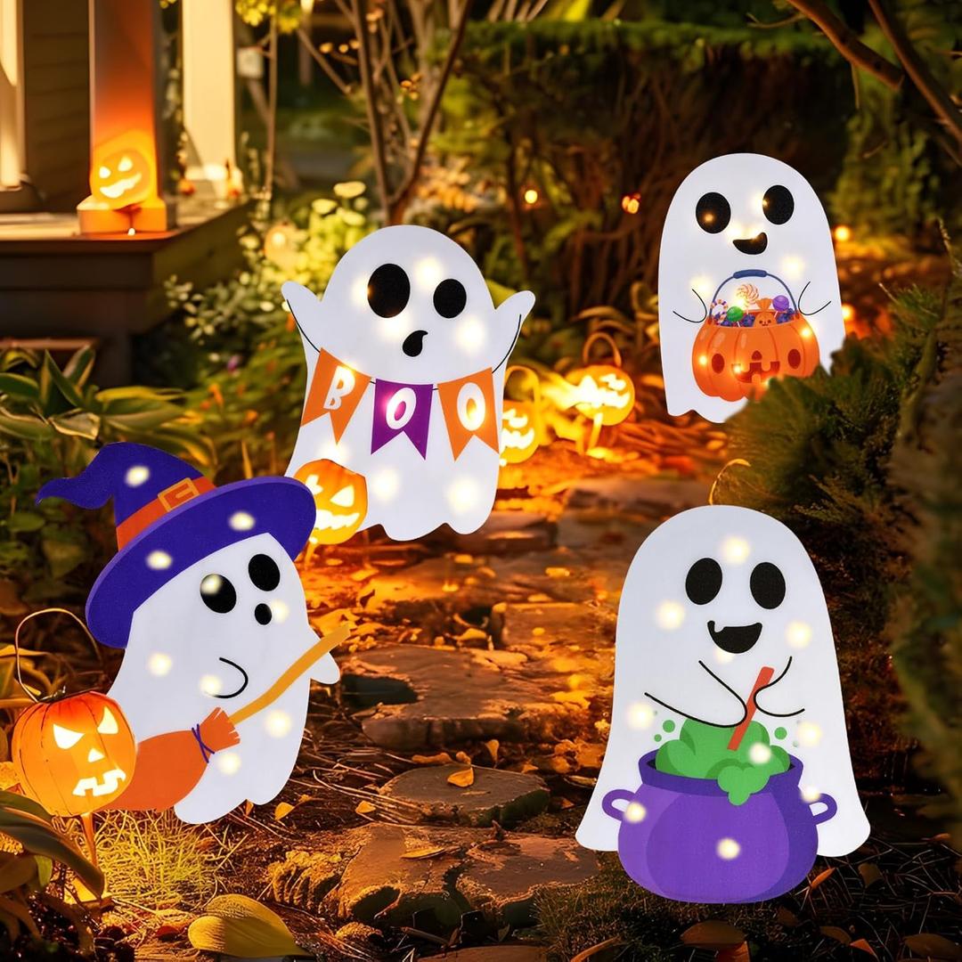Lighted Cute Ghost Yard Signs, 4 Packs Halloween Decorations Outdoor Scary Witch Pumpkin Boo Signs with Lights for Lawn Garden Yard Stakes Outside Halloween Decoration Decor Clearance
