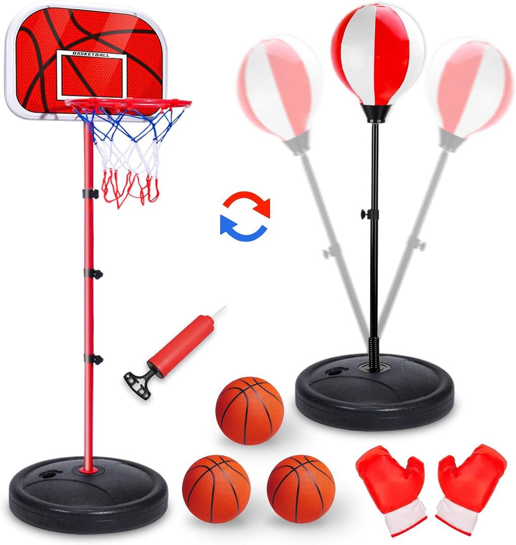 2 in 1 Adjustable Kids Basketball Hoop and Punching Bag with Stand for Kids, Toys Gifts for Boys Age 3 4 5 6 7 8 9 10+, Toddler Basketball Hoop and Boxing Bag Set Toy for Outdoor Indoor Sports Games