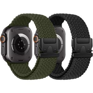 Braided Stretchy Solo Loop Compatible for Apple Watch Ultra 2 Band 49mm 46mm 45mm 44mm 42mm 41mm 40mm 38mm Men Women, Nylon Sport Bands with Parachute Buckle for iWatch Series 11 10 9 8 7 6 SE 5 4 3 (Black/Army Green)
