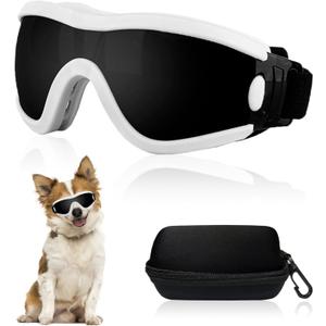 Dog Goggles Small Breed Dog Sunglasses with Adjustable for UV Protection Eyewear Doggy Doggie Puppy Glasses Anti-Fog Wind Dust Snowproof (White Frame Black Lens)