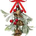 Tigeen Christmas Mistletoe Kiss Decor with Metal Bells and Bow Knots 8.6 Inch Artificial Christmas Mistletoe Hanging Ornaments for Xmas Party Tree Doors Walls Window Fireplaces Decorations(Red)