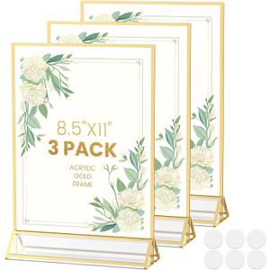 Acrylic Sign Holder 8.5X11 Gold Frames Double-Sided Gold Picture Frames Flyer Holder for Menu Holder Wedding Table Number Holder Photo Frames with Double Sided Stickers-3 Pack