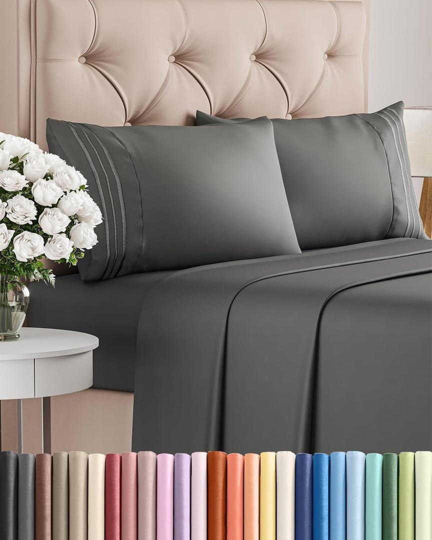 King Size 4 Piece Sheet Set - Comfy Breathable & Cooling Sheets - Hotel Luxury Bed Sheets for Women & Men - Deep Pockets, Easy-Fit, Extra Soft & Wrinkle Free Sheets - Charcoal Oeko-Tex Bed Sheet Set