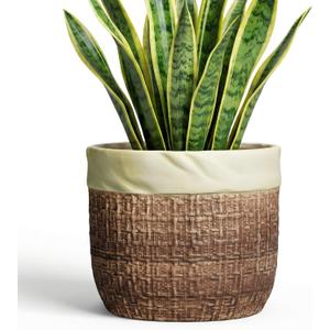 Ceramic Pots for Plants - 8 Inch Plant Pot Indoor with Drainage Hole, Round Planters for Indoor Outdoor Plants and Flowers, Decorative Boho Flower Pots, Room Decor, Housewarming Gifts, Brown