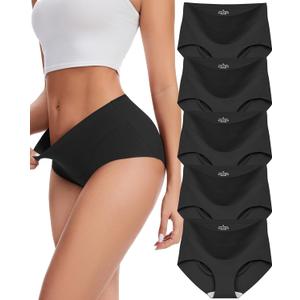 Sunm Boutique Seamless Womens Underwear, No Show Full Coverage Briefs, Tummy Control High Waisted Panties for Women (5 Pack, Large, Black)