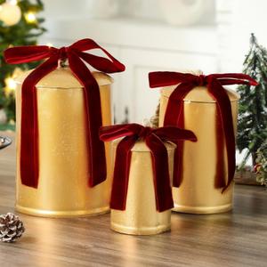 Geelin 3 Pcs Giant Decorative Cow Bells Vintage Rustic Harmony Christmas Metal Gold Bells with Velvet Bows Rustic Cowbells 10", 8", 6"h Hanging Ornaments for Christmas Staircase Mantel Garlands Table