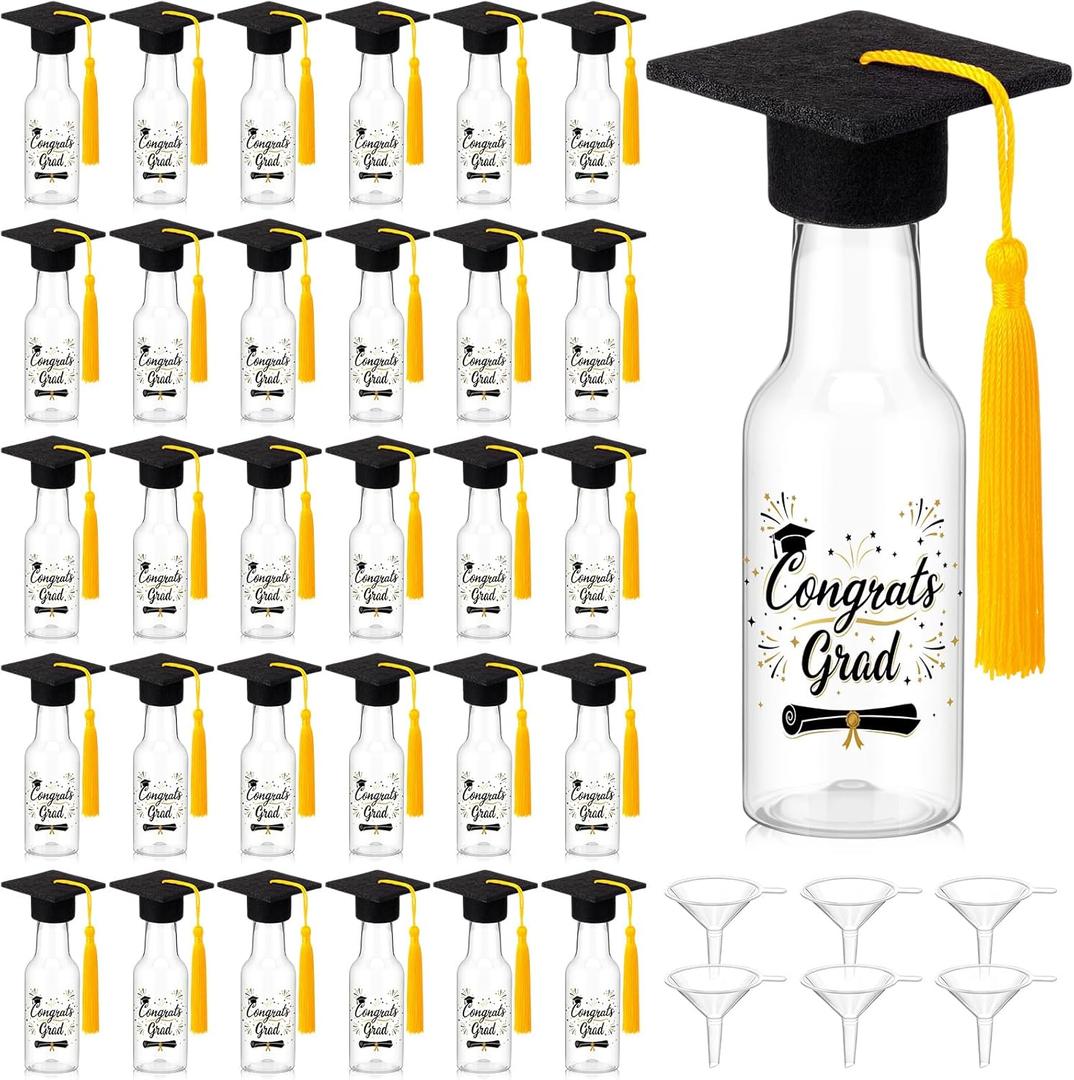 LemonRoad 50 Set Mini 2026 Graduation Liquor Bottles Graduation Party Favors with Tassel Grad Cap 1.8oz/50ml Congrats Grad Plastic Shot Bottles with Mini Felt Hat for College High School Party(Gold)