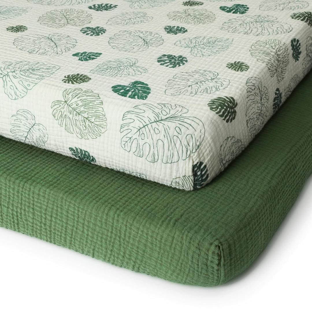 Blissful Diary Muslin Mini Crib Sheets, Pack and Play Mattress Sheets Fitted for Pack N Play, Soft Cotton for Boys Girls, 2 Pack(Monstera&Dark Green)