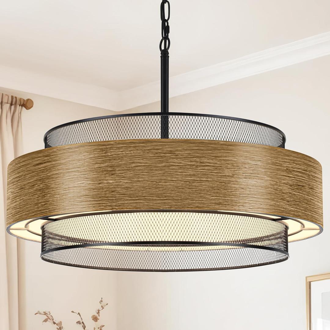 23.6 inch Farmhouse Chandeliers for Dining Room, 6-Light Rustic Large Black Drum Chandelier Metal Imitation Wood Round Hanging Lighting for Entryway Kitchen Island Foyer Bedroom Living Room, 23.8 inch