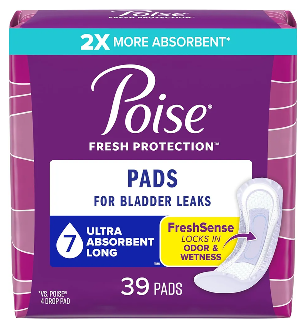 Poise Incontinence Pads & Postpartum Incontinence Pads, 7 Drop Ultra Absorbency, Long Length, 39 Count per Pack, Packaging May Vary, 2 Pack (78 Pcs)
