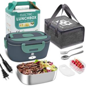 Electric Lunch Box for Car, 3 In 1 Portable Heating Lunch Box with 1.8L Removable Stainless Steel Container, 80W Leak Proof Food Warmer 110V 12V 24V for Truck Home Office (Blue Green)