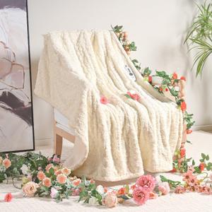 WOOMER Electric Heated Throw 50x 60 [Spring Blossom Collection], Eco-Friendly Flower Patterns Faux Fur & Soft Sherpa, 4 Heating Levels & 4H Auto Off, ETL Certified, Machine Washable, White (Throw 50" x 60")