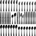 48-Piece Black Silverware Set with Steak Knives Black Stainless Steel Flatware Set for 8 Food Grade Tableware Cutlery Set Rust-proof, Mirror Polished, Dishwasher Safe