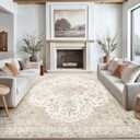 AMADA HOMEFURNISHING 8x10 Washable Area Rug, Low-Profile Large Area Rug with Non-Slip Backing & Durable Edge Binding, Vintage Large Rugs for Living Room, Bedroom, Dinning Room (Beige/Ivory)