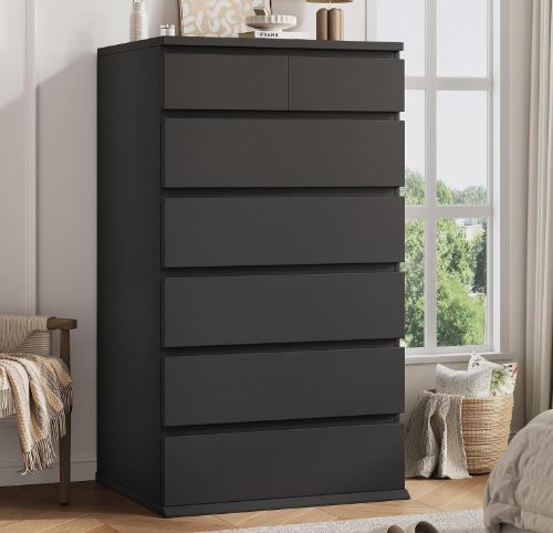 Black Tall 7 Drawer Dresser for Bedroom, Modern Wood Closet Dressers & Chests of Drawers with Jewelry Storage, 23.6" L*15.8" W*47.5" H in Large Vertical Dresser for Bedroom, Living Room, Nursery