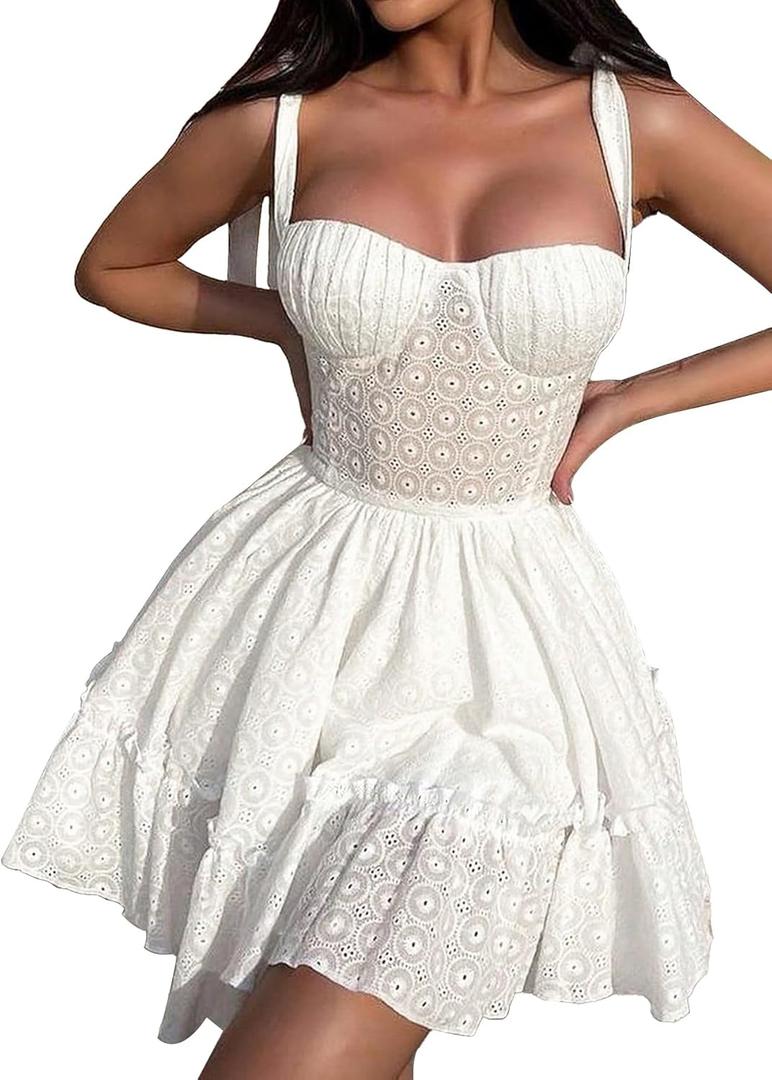 Women's Sleeveless Spaghetti Strap Tie Boho Corset Backless Mini Party Bridesmaid Dresses (Medium, White)