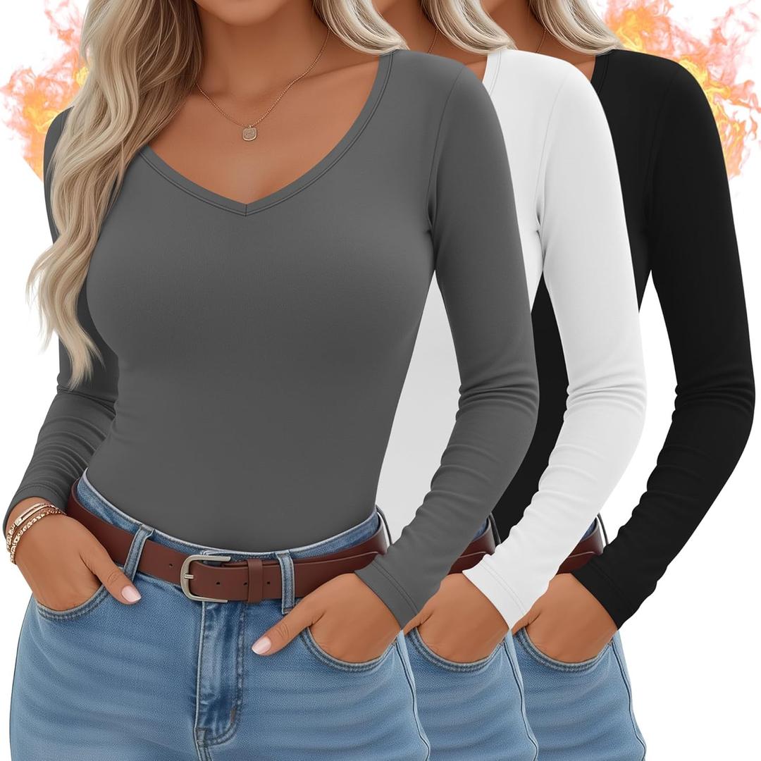 Sweetyweee 3 Pack Women's Thermal Shirts Long Sleeve V Neck Fleece Lined Undershirts Slim Fit Basic Tops Fall Winter Clothes (Large, Black, White, Gray)