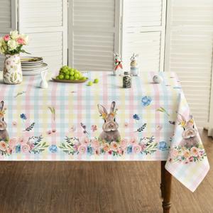 Horaldaily Easter Tablecloth 6084 Inch Rectangular, Colorful Spring Flower Buffalo Plaid Bunny Washable Table Cover for Party Picnic Dinner Decor