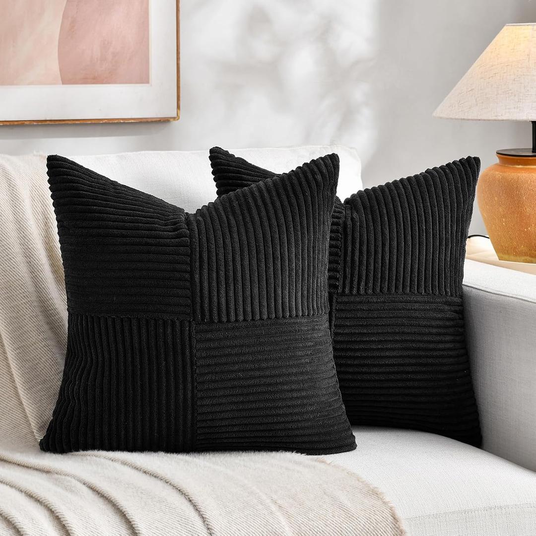 Fancy Homi 2 Packs Black Decorative Throw Pillow Covers 18x18 Inch for Living Room Couch Bed Sofa, Rustic Farmhouse Boho Home Decor, Soft Corss Corduroy Patchwork Textured Square Cushion Case 45x45 cm (18" x 18" (Pack of 2))