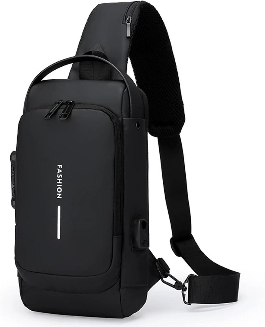 Anti-Theft Sling Bag for Men Waterproof Crossbody Bag with Combination Lock & USB Charging Port Lightweight Chest Backpack for Travel Hiking (All Black)