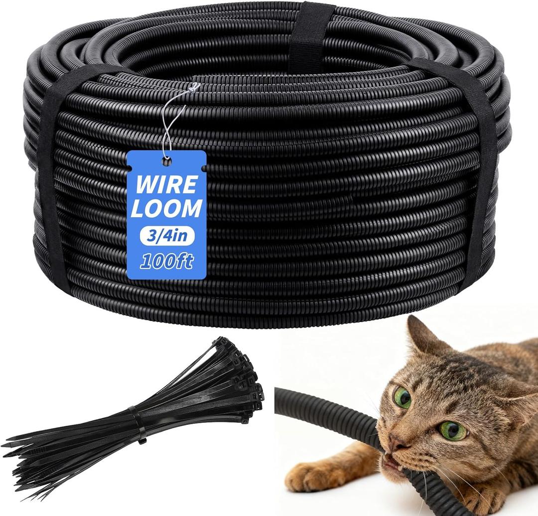 100FT Split Wire Loom Tubing, 3/4 Inch Wire Protector Tubing, Automotive Wire Flexible Conduit Cord Covers with 20 Cable Ties for Automotive Marine RV Agriculture Electrical Cable Protection (Black)