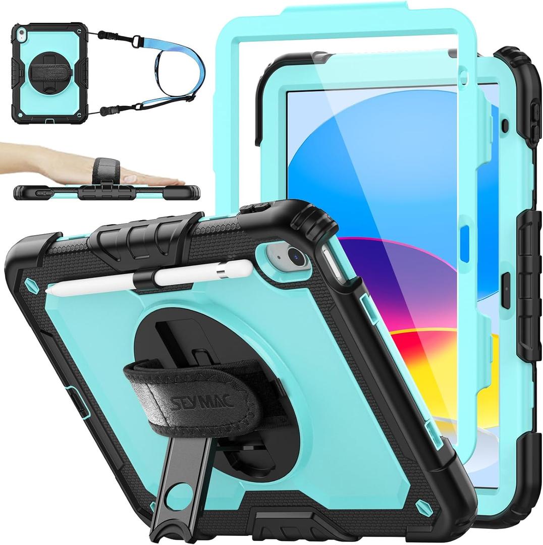 SEYMAC Stock Case for iPad (A16) 11th/10th Generation 11''/10.9'' 2025/2022, Full-Body Drop Protection Case with Screen Protector &360 Rotate Hand Strap/Stand, Brightblue+Black