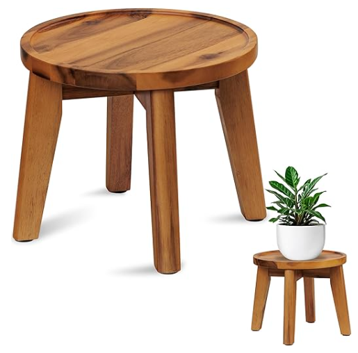 Demigo Indoor Plant Stand, Acacia Wooden Decorative Plant Shelf with SpillProof Tray, Stable 8” Tall Flower Holder for Heavy Pots, Gardening Display for Decor Living Room Patio  Dark Brown