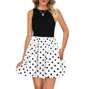 Naggoo Womens Summer Dresses 2026 Sleeveless Round Neck Loose Swing Sundresses with Pockets Floral White Polka Dot L