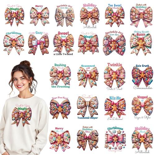 INCOK DTF Transfers Ready to Press - 24 Sheets Bow Heat Transfers Stickers for Clothes Christmas Gingerbread Man Iron on Decals Patches for Hoodie Jeans Bag Pillow Covers DIY Xmas Outfit Craft Decor