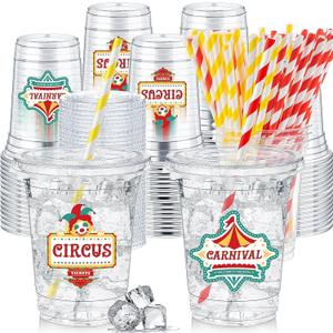 FoldTier 50 Pcs Carnival Party Plastic Cups 12 oz Disposable Plastic Cups with Straws and Lids Circus Clear mug Birthday mugs Supplies Birthday Table Decorations Party Favor, 3.5 X 2.2 X 4.2 Inches