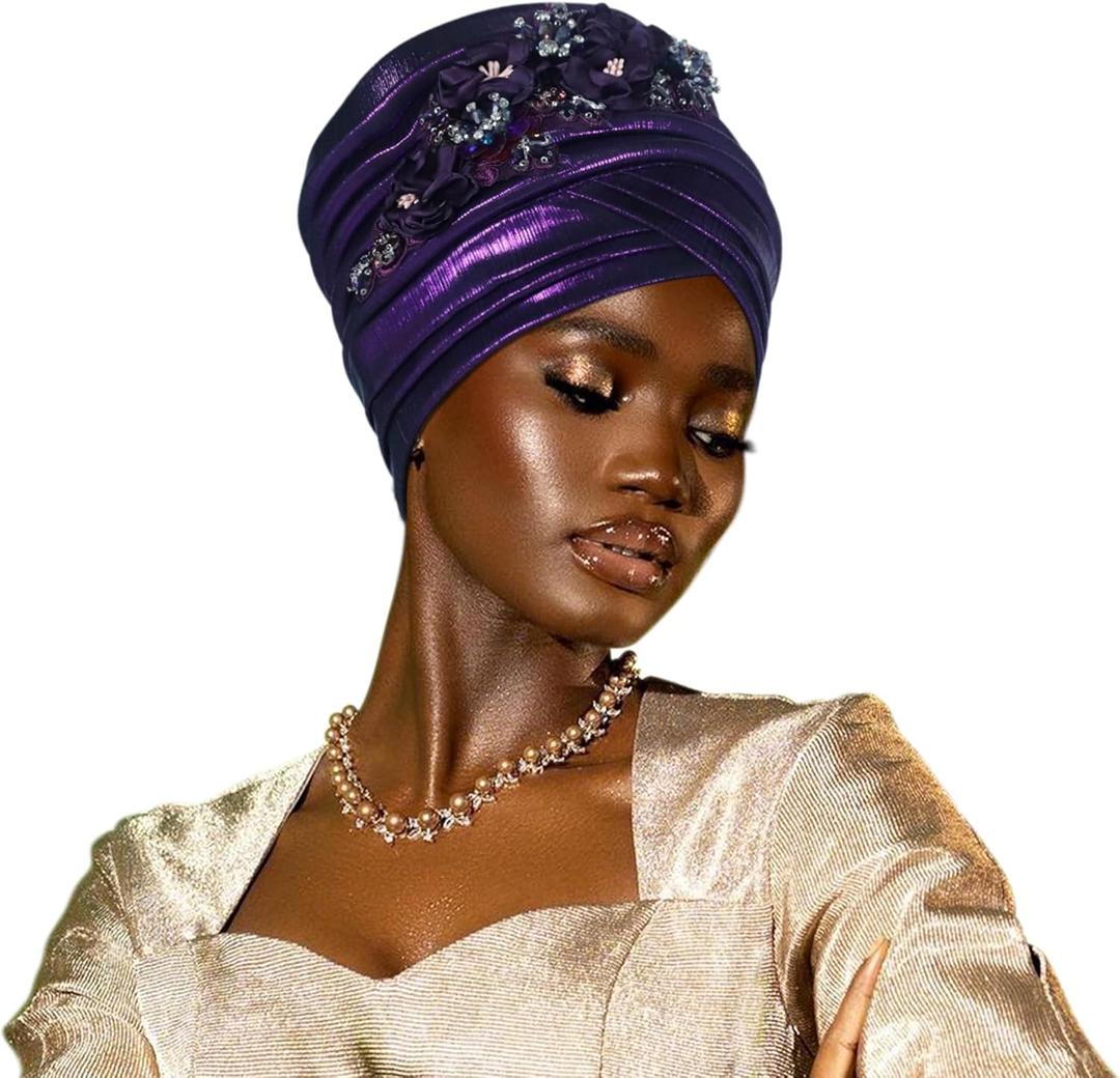Women's African Turban Head Wrap Braid Beanie Cap Headwear Crystals Twisted Head Turbans for Women (Purple)