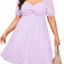 Plus Size Graduation Dress - Summer Swiss Dot Sweetheart Neckline Short Sundress Puff Sleeve Cute Flowy Chiffon Dresses (Purple) 16W