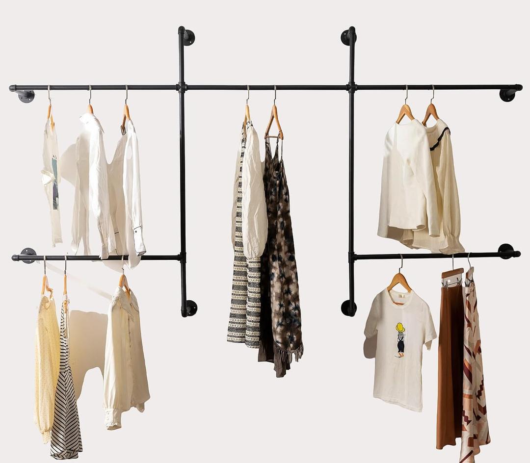 Industrial Pipe Clothes Rack Wall Mounted Clothing Rack,Heavy Duty Iron Pipe Garment Rods,Detachable Multi-Purpose Clothing Hanging Rod/Garment Bar, Black