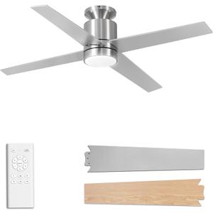 Ceiling Fans with Lights Flush Mount, 52 Inch Low Profile Ceiling Fan with Light, 4 Blades, 6 Speeds, Timer, Ceiling Fans with Lights and Remote for Bedroom Indoor (Nickel)