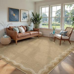 LIVEBOX Scalloped Washable 8x10 Rug, Easy Jute Tan Rug for Living Room, Indoor Outdoor Rugs Bedroom, Geometric Farmhouse Non Slip Dining Room Mat Modern Carpet Area Rug for Patio Home Office Decor