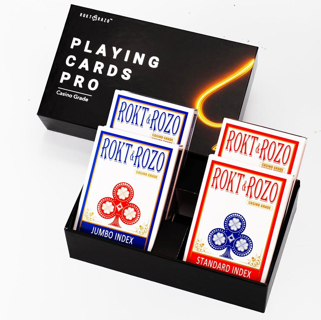 rokt&razo Textured Professional Playing Cards 4 Decks: 2 Standard & 2 Jumbo Index, Large Print Poker Cards, German Blackcore Paper, Perfect for Blackjack, Euchre, Texas Hold'em (Blue & Red)