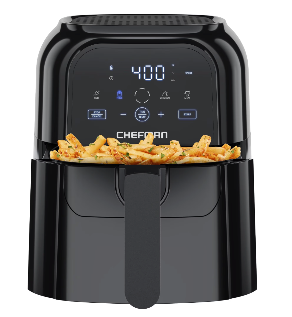 Chefman Air Fryer 6 QT Compact Airfryer for Quick & Easy Meals in Minutes, Features Hi-Fry Technology for Extra Crisp, Touchscreen Controls with 4 Presets, Nonstick & Dishwasher Safe Basket - Black, 6 Quart - No Window
