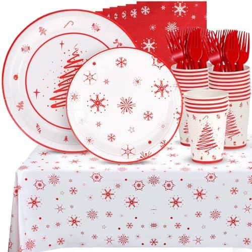 Christmas Party Supplies, Merry Christmas Plates and Napkins, Christmas Disposable Plates, 12oz Cups, Napkins and Forks for Birthday, Baby Shower, Xmas, Christmas Themed Parties Serves 24