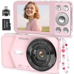 Digital Camera, Autofocus 48MP 4K Camera for Photography with 32GB Card, Portable Compact Point and Shoot Digital Camera for Teens Adult Beginner Kids with Metal Shell, 2000 mAh Battery (Pink)