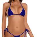 Oneheekini Women Sexy Halterneck Tiny Mini Micro Bra Charming Bikini G String Bottom Beachwear 2 Pieces (Dark Blue)