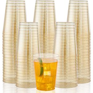 I00000 200pcs Gold Plastic Cups - 10 OZ Hard Glitter Disposable Cups for Cocktail and Drinking - Premium With Gold Glitter for Fancy Wedding and Elegant Party