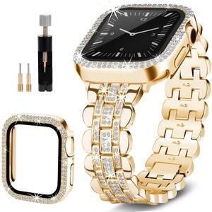 Bling Bands Compatible with Apple Watch Band 44mm for Women, Diamond Jewelry Replacement Metal Wristband Strap Shiny Bracelet with Crystal Protector Casefor iWatch Series 6/5/4/SE (Gold)