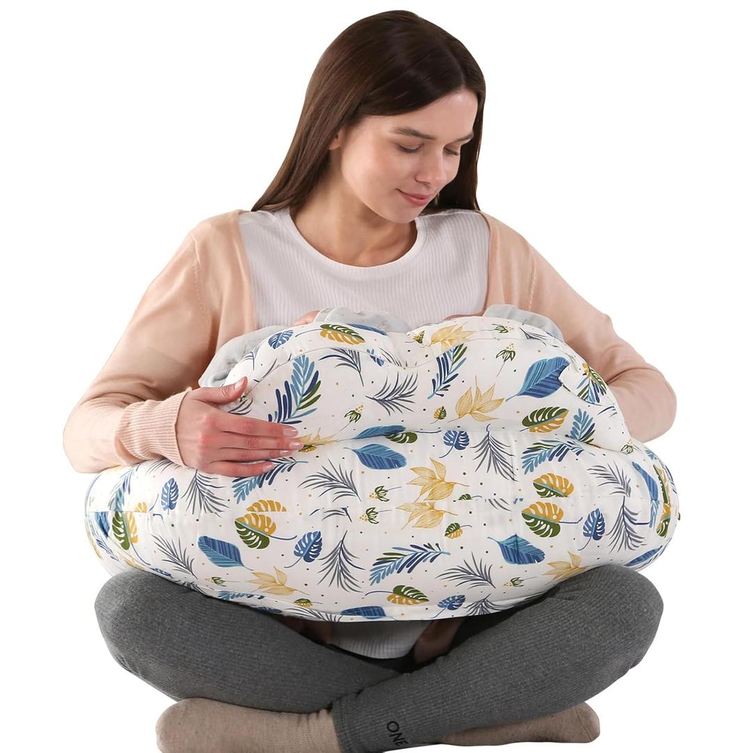 BATTOP Nursing Pillow for Breastfeeding - More Support for Mom, Feeding Pillow with Removable Cover and Adjustable Waist Strap, Plus Size Breastfeeding Pillow (Leaves)