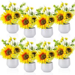 Zeyune 8 Pieces Artificial Sunflower Potted Plants for Yellow Kitchen Decor Sunflower Centerpieces for Tables Mason Jar Artificial Flowers in Plastic Pot for Bathroom Wedding Office