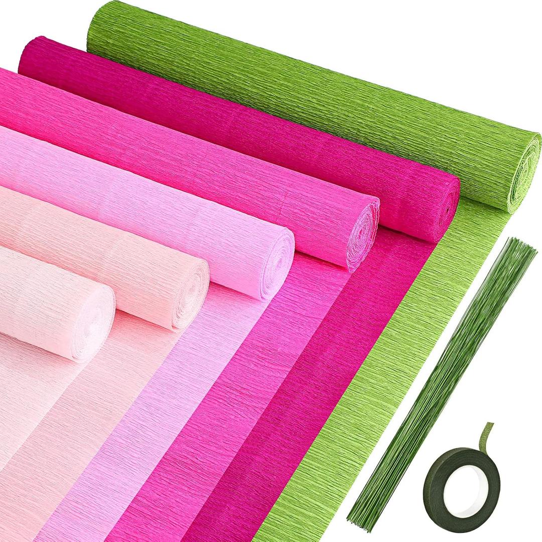 Gersoniel 57 Pcs Crepe Paper Flower DIY Kits 6 Rolls 35g Papel Crepe Sheets 50 Pcs Floral Iron Wire 10 Inch x 8 Feet 1 Roll 50 Meter for Birthday Party Wedding (Pink and Green Series)