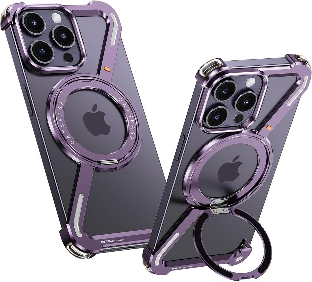 Minimalist Z Case Compatible with iPhone 14 Pro, 360 Kickstand Bezel Less Metal Slim Bumper Phone Case, Drop-Proof Protective Shell, Easy Fit, Purple